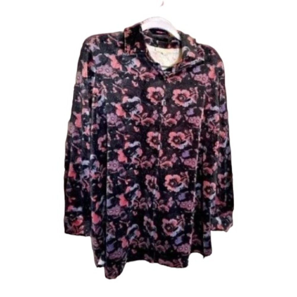 Woman Within Super Soft Button Down Black Floral Shirt Size 14/16